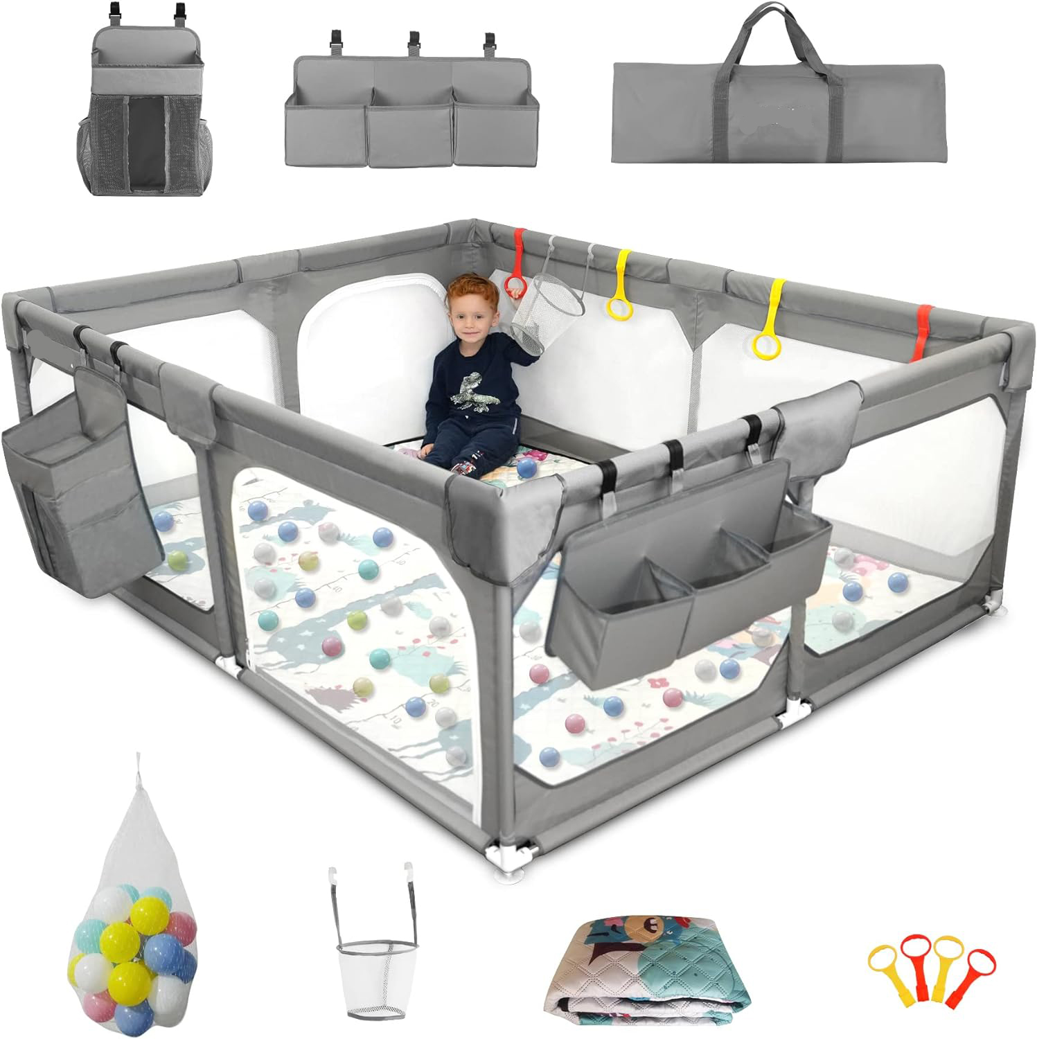 Baby Playpen with Mat 190×150cm,Extra Large Playpen for Babies and Toddlers with Storage Bag & Mesh,Fodable Climb-Proof Anti-Fall Baby Playpen,Sturdy Safety Play Yard for Indoor Outdoor Fun,Grey