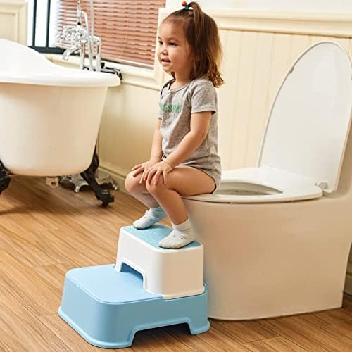 Angelcare Two Step Stool for Kids, Double up Toddler Step Stool for Potty Training, Kitchen, Bathroom, Toilet Stool with Anti-Slip Strips for Safety, Stackable, Wide Step (2 Packs Blue)