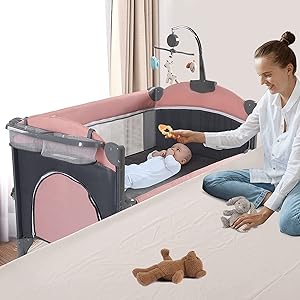 Acplaypen 5 in 1 Baby Crib,Baby Bassinet, Bedside Cribs, Pack and Play with Bassinet and Changing Table, Portable Travel Baby Playpen with Bassinet Toys & Music Box,Mattress for Girl Boy Infant Newborn (Grey)