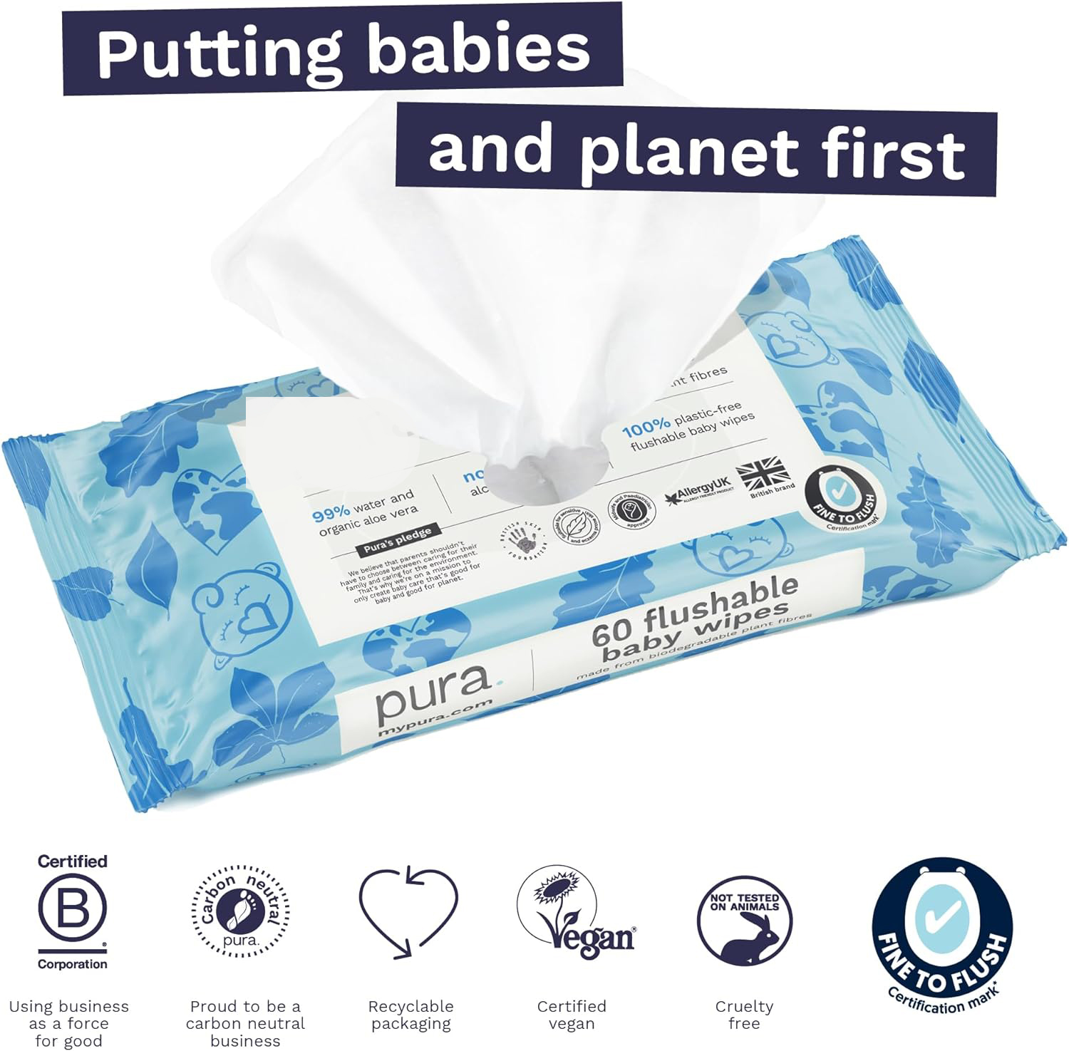 Acplaypen Flushable Baby Wipes - 18 x 60 per pack (1080 Wipes) 100% Plastic Free, 99% Water, Biodegradable, Compostable, Vegan, Monthly Pack, Suitable for Sensitive & Eczema Prone Skin