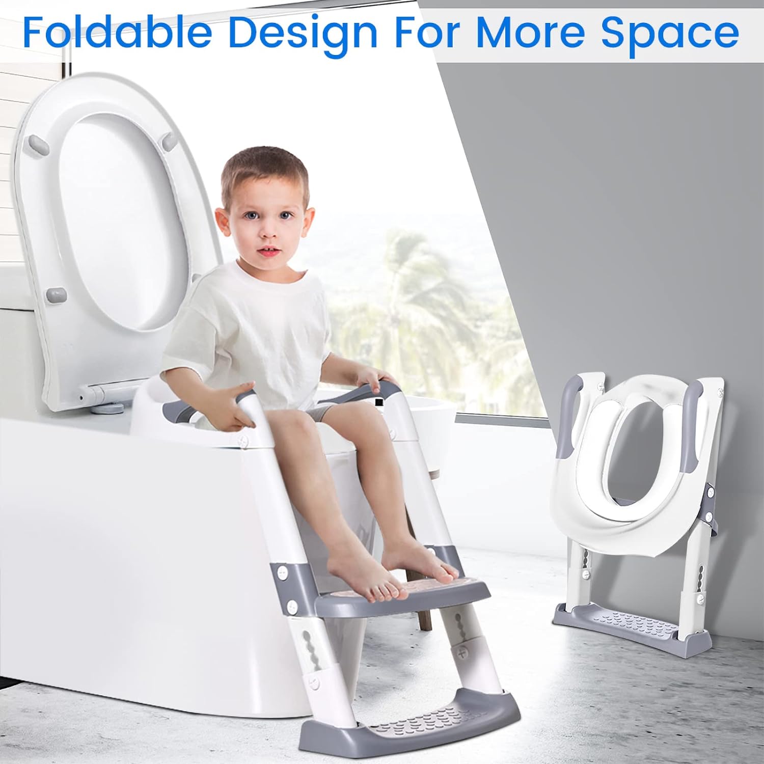 Angelcare Potty Training Toilet Seat Trainer: Kids Toilet Training Seat with Step Stool - Foldable Portable Potty Chair with Adjustable Height Ladder Guard Handle Soft Cushion White for Baby Toddler Boys Girls