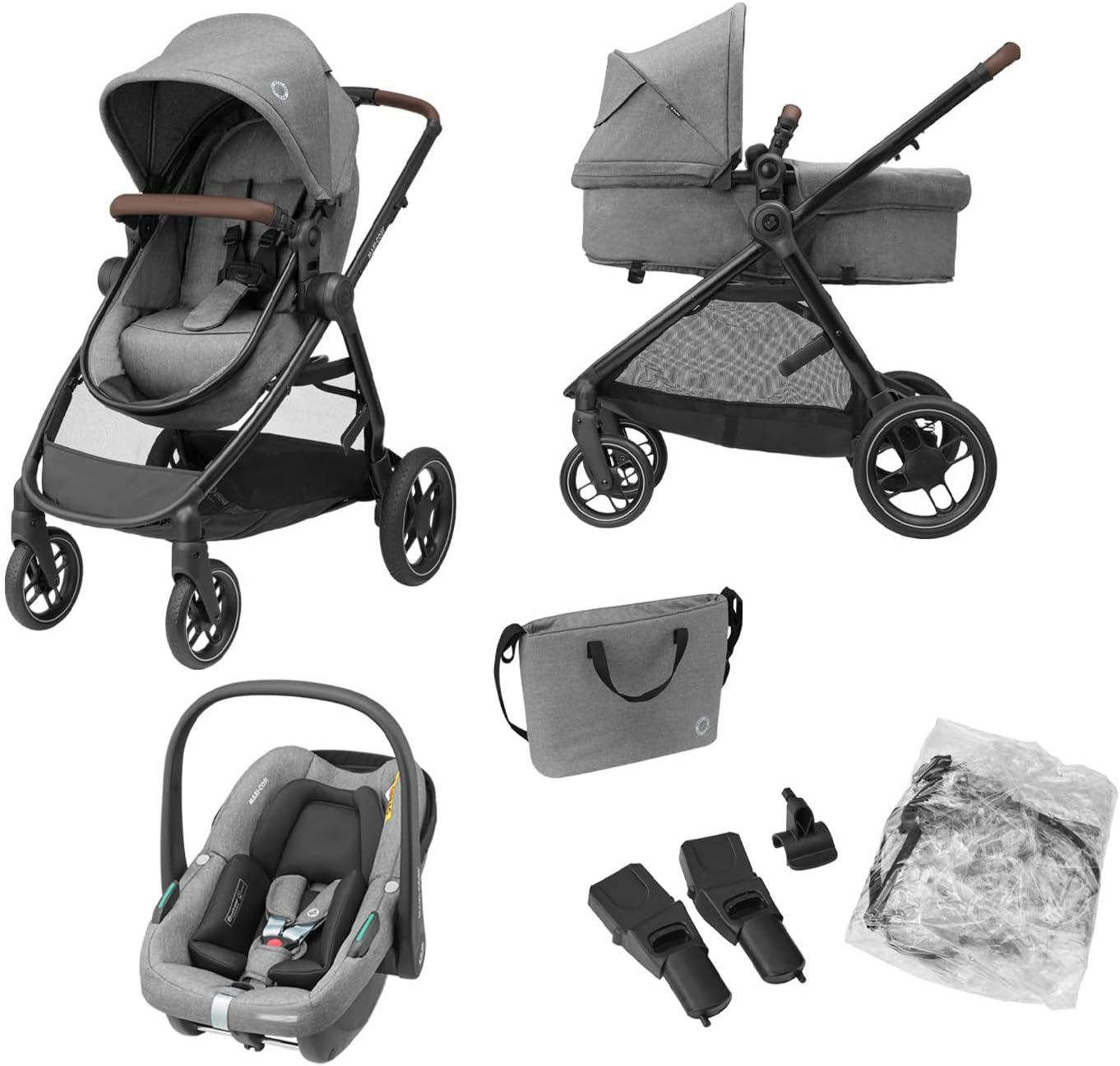 Acplaypen S Trio 3-in-1 Prams Travel System, 0 - 4 Years, Up to 22 kg, Foldable, Compact and Reclining Baby Pushchair, with CabrioFix S i-Size Baby Car Seat, Accessories, Nursery Bag, Grey